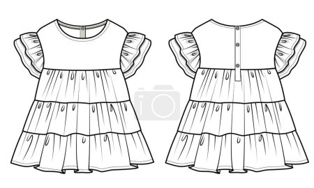 Front and back view of dress for teen girls and kid girls in editable vector