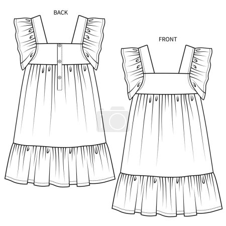 Front and back view of dress for teen girls and kid girls in editable vector
