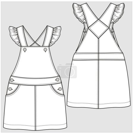 Illustration for Front and back view of girls dungaree in editable vector - Royalty Free Image