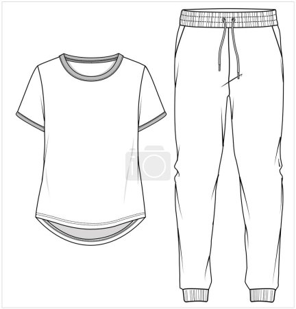 TEE AND PAJAMA PLAT SKETCH OF NIGHTWEAR SET FOR WOMEN AND TEEN GIRLS IN EDITABLE VECTOR FILE