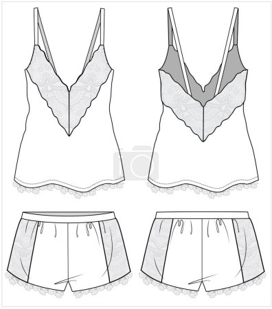 Ilustración de Mujeres cami top y pantalones cortos conjunto de ropa de dormir para las mujeres en archivo vectorial editable, vista frontal y trasera - Imagen libre de derechos