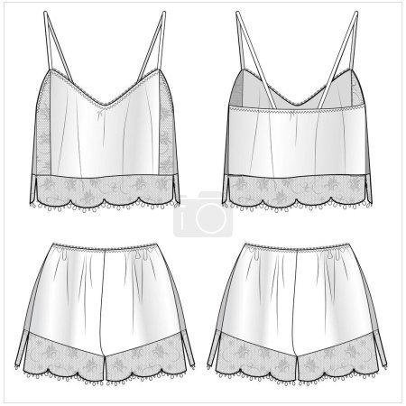 women cami top and shorts nightwear set for women in editable vector file, front and back view