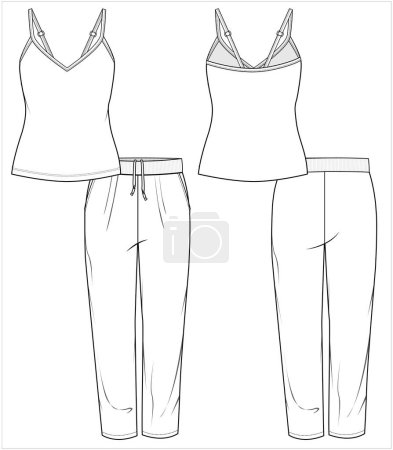 Illustration for Cami with joggers nightwear set for women and teen girls in editable vector file, front and back view - Royalty Free Image