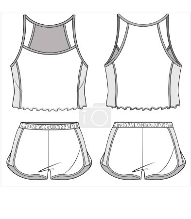 Téléchargez les illustrations : Ensemble de vêtements de nuit cami top et shorts pour femmes dans un fichier vectoriel modifiable, vue avant et arrière - en licence libre de droit