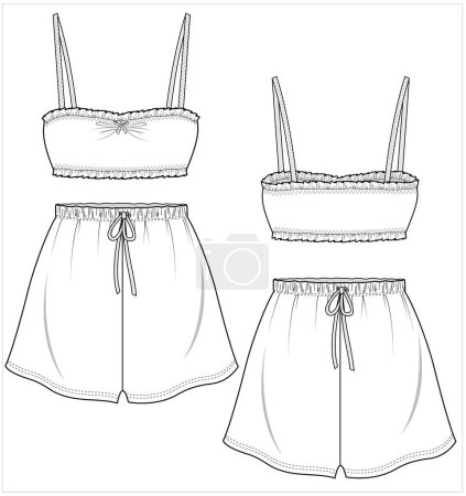 Illustration for Women cami top and shorts nightwear set for women in editable vector file, front and back view - Royalty Free Image