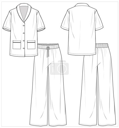 Illustration for Collar and short sleeves top with flared bottom matching pajama set for women in editable vector file, front and back view - Royalty Free Image