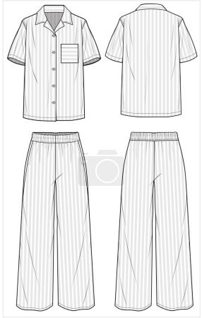 Illustration for Collar and short sleeves top with flared bottom matching pajama set for women in editable vector file, front and back view - Royalty Free Image