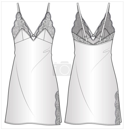 Flat sketch of nightwear slip for women in editable vector file, front and back view