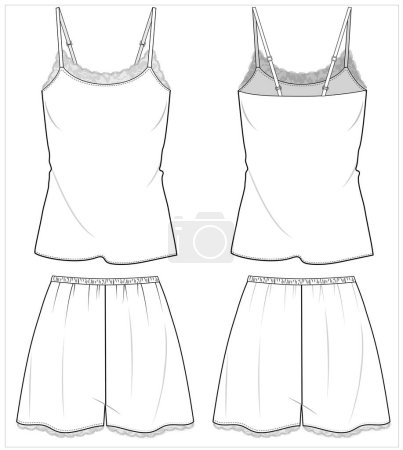 Ilustración de Cami top y pantalones cortos conjunto de ropa de dormir para las mujeres en archivo vectorial editable, vista frontal y trasera - Imagen libre de derechos