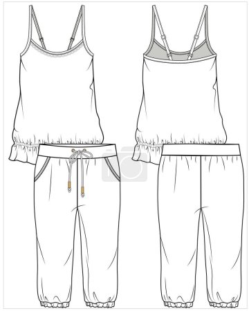 Téléchargez les illustrations : Vêtements de nuit femme tank et capri joggers dans un fichier vectoriel modifiable, vue avant et arrière - en licence libre de droit
