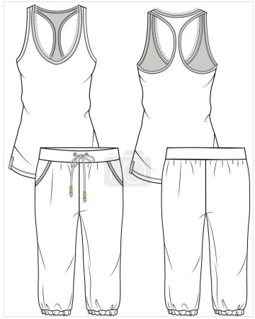 Ilustración de Mujer tanque y capri joggers nightwear conjunto en archivo vectorial editable, vista frontal y trasera - Imagen libre de derechos