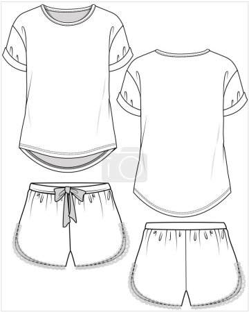 Illustration for Women tee and lacy boyshorts nightwear set in editable vector file, front and back view - Royalty Free Image