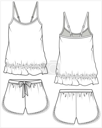 Illustration for Cami top and shorts nightwear set for women in editable vector file, front and back view - Royalty Free Image