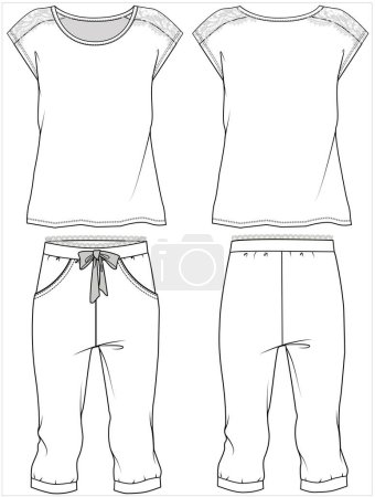 Illustration for Women lacy tee and capri joggers nightwear set in editable vector file, front and back view - Royalty Free Image