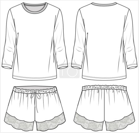 Illustration for Women long sleeves tee and lacy shorts nightwear set in editable vector file, front and back view - Royalty Free Image