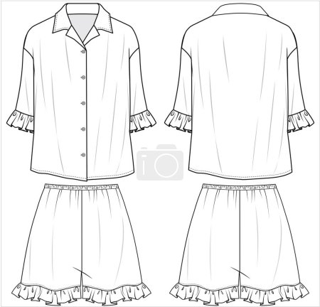 Illustration for Resort collar pajama set with frills shorts for women and teen girls in editable vector file, front and back view - Royalty Free Image