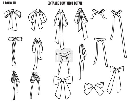 Illustration for Set of bow knots and drawstring tie ups used for wait band and back tie ups designed for garments dresses tops and apparels - Royalty Free Image