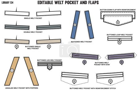 set of different types of welt pockets and flaps for apparel and clothing, for shirts denim jeans, jacket, cargo, pants, chinos, jackets and blazers