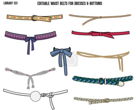 Téléchargez les illustrations : Ensemble de cordons de serrage et ceintures utilisés pour bande d'attente conçu pour les robes de vêtements hauts et les apparels - en licence libre de droit