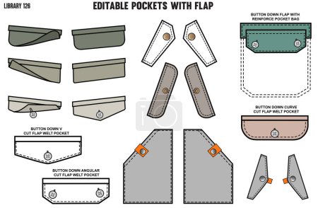 Illustration for Set of different types of pockets for apparel and clothing, for shirts denim jeans, jacket, cargo, pants, chinos, jackets and blazers - Royalty Free Image