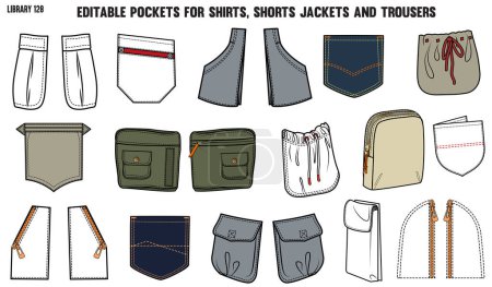 Téléchargez les illustrations : Ensemble de différents types de poches pour vêtements et vêtements, pour chemises jeans denim, veste, cargaison, pantalon, chinos, vestes et blazers - en licence libre de droit