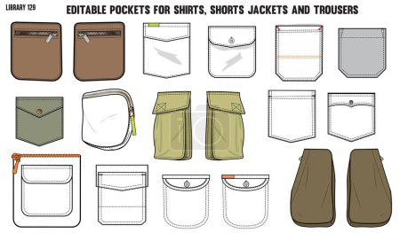 set of different types of pockets for apparel and clothing, for shirts denim jeans, jacket, cargo, pants, chinos, jackets and blazers