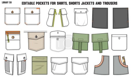 Ilustración de Conjunto de diferentes tipos de bolsillos para prendas de vestir y prendas de vestir, para camisas jeans, chaqueta, carga, pantalones, chinos, chaquetas y blazers - Imagen libre de derechos
