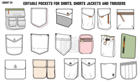 Téléchargez les illustrations : Ensemble de différents types de poches pour vêtements et vêtements, pour chemises jeans denim, veste, cargaison, pantalon, chinos, vestes et blazers - en licence libre de droit