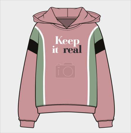 Illustration for LONG SLEEVES HOODED SPORTY CROP SWEAT TOP WITH CUT AND SEW DETAIL AND TEXT GRAPHIC DESIGNED FOR WOMEN AND TEEN GIRLS IN VECTOR FILE - Royalty Free Image