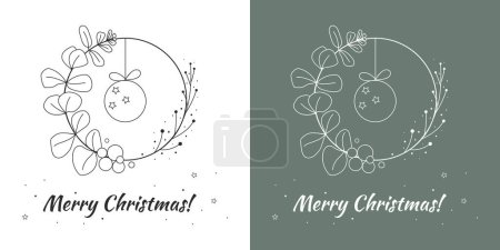 Foto de Tarjeta minimalista de Navidad dibujada a mano con corona, eucalipto y pelota. Conjunto de dos opciones de color. - Imagen libre de derechos