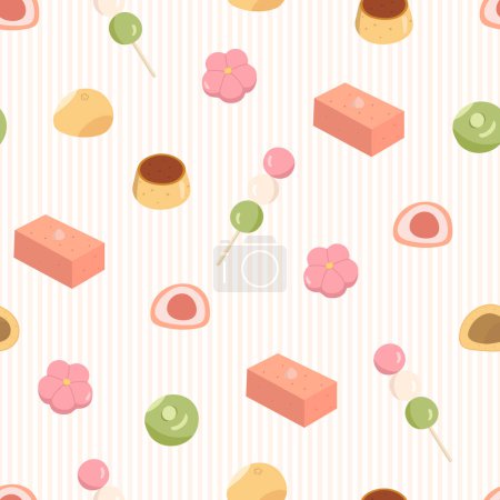 Téléchargez les illustrations : Modèle sans couture avec différents bonbons japonais comme dango, mochi, wagashi, yokan, purin. Desserts asiatiques colorés sur le fond avec des rayures - en licence libre de droit