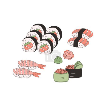 Téléchargez les illustrations : Ensemble de sushis japonais. Illustration vectorielle de rouleaux de sushi, migiri, gunkan, wasabi et gingembre. vecteur asiatique nourriture - en licence libre de droit