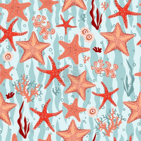 Foto de Hand drawn seamless pattern with various starfishes bright colors, vector illustration on light green background - Imagen libre de derechos
