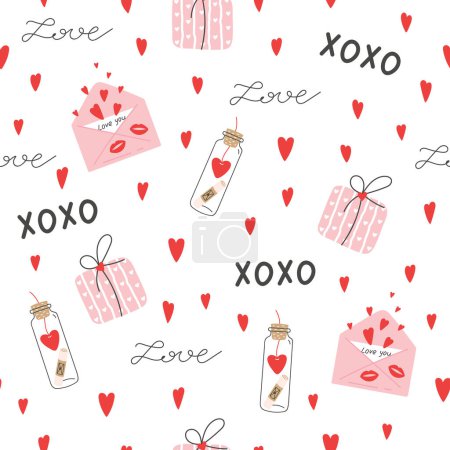 Foto de Valentines day seamless pattern with hearts, gifts and lettering. Design for fabric, wrapping paper, card - Imagen libre de derechos