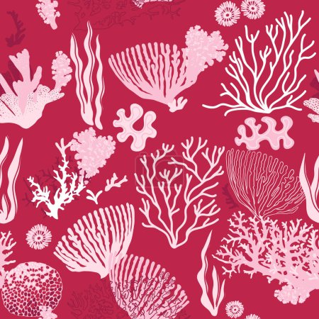 Foto de Patrón sin costuras con corales dibujados a mano sobre fondo viva magenta. Diseño de mar para tela, papel de embalaje - Imagen libre de derechos