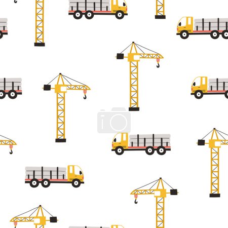 Foto de Cute childrens seamless pattern with truck and crane. Illustration construction site in cartoon style for wallpaper, fabric, and textile design - Imagen libre de derechos