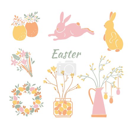 Foto de Set de elementos dibujados a mano lindo Pascua. Huevos de Pascua, flores, conejo, corona - Imagen libre de derechos