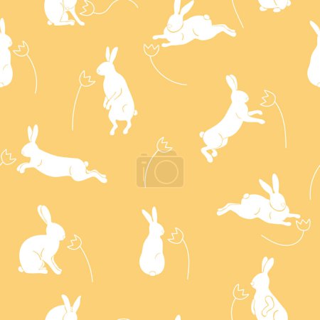 Foto de Lindo conejos dibujados a mano y flores patrón sin costuras. Siluetas de conejo en diferentes poses. Símbolo de Pascua - Imagen libre de derechos