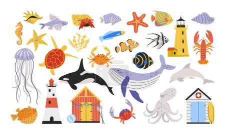 Set of cartoon sea creatures. Colorful ocean life cute characters and objects.