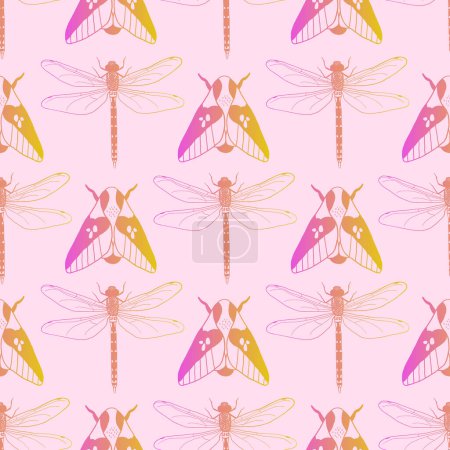 Foto de Patrón sin costuras con libélula y polilla en color rosa y amarillo degradado. Diseño brillante del verano de los insectos para la tela, textil, papel de envolver, cubierta - Imagen libre de derechos
