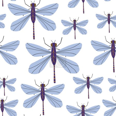 Foto de Dibujado a mano libélulas estilizadas patrón sin costura. Lindo fondo con insecto - Imagen libre de derechos