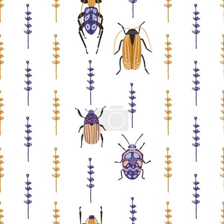 Foto de Escarabajos y elementos florales patrón sin costuras. Diseño minimalista de insectos para tela, ropa, cubierta, papel de envolver - Imagen libre de derechos