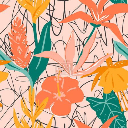 Foto de Patrón sin costuras con flores y hojas tropicales estilizadas. Diseño de verano brillante abstracto - Imagen libre de derechos