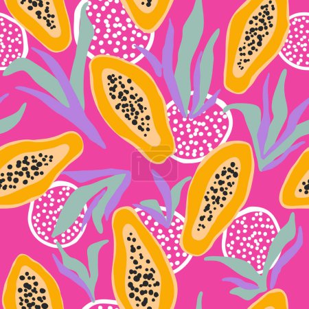 Foto de Patrón sin costura de fruta de papaya brillante. Mitad de papaya con hojas y elementos abstractos sobre fondo rosa - Imagen libre de derechos