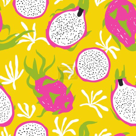 Foto de Patrón brillante sin costuras de verano con frutas de dragón y flores abstractas sobre fondo amarillo - Imagen libre de derechos
