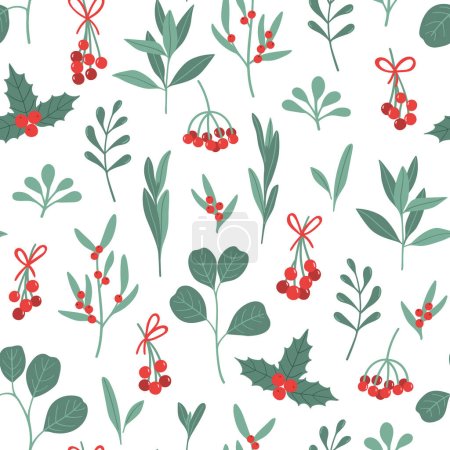 Seamless Christmas floral pattern with branches, leaves and winter berries. Design for wrapping paper, card, textile, cover