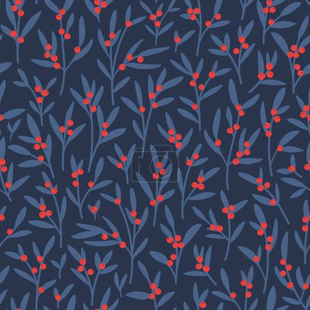 Foto de Patrón sin costuras de Navidad con ramas, hojas y bayas sobre fondo azul oscuro para tarjetas de felicitación, papel de envolver. Diseño de plantas de invierno - Imagen libre de derechos