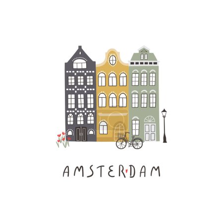Foto de Ilustración vectorial de las casas y letras de Ámsterdam. Edificios antiguos tradicionales. Cartel de viaje, postales, plantilla de tarjetas de felicitación. Diseño de estilo escandinavo dibujado a mano - Imagen libre de derechos