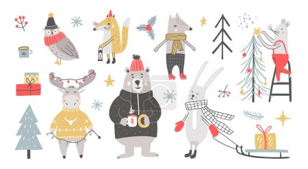 Foto de Set de Navidad, animales de estilo dibujado a mano y elementos decorativos. Lindos personajes de invierno - Imagen libre de derechos