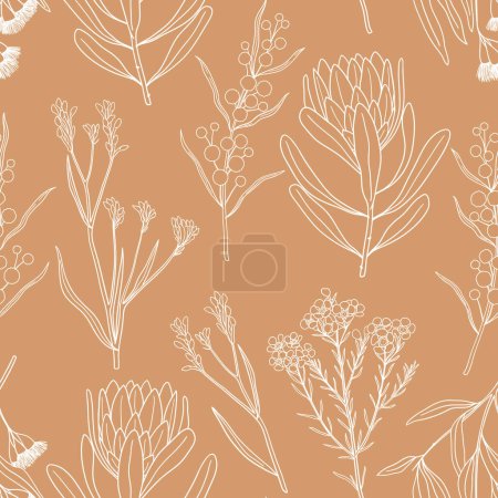 Foto de Dibujado a mano flores y plantas australianas patrón sin costura. Diseño floral en colores pastel - Imagen libre de derechos